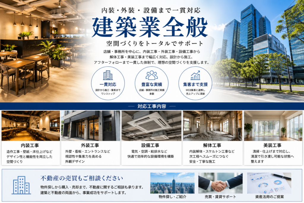 内装・外装・設備まで一貫対応。建築業全般を提供する株式会社アクアリゾートは空間づくりをトータルでサポートします。