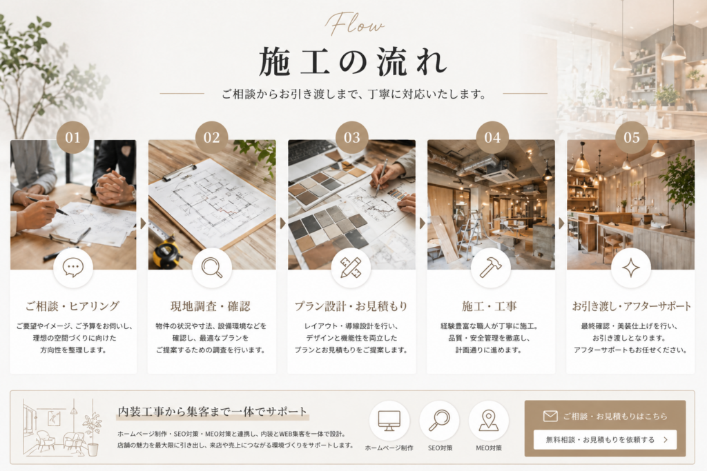 内装工事施工の流れ/ご相談からお引き渡しまで、丁寧に対応いたします。